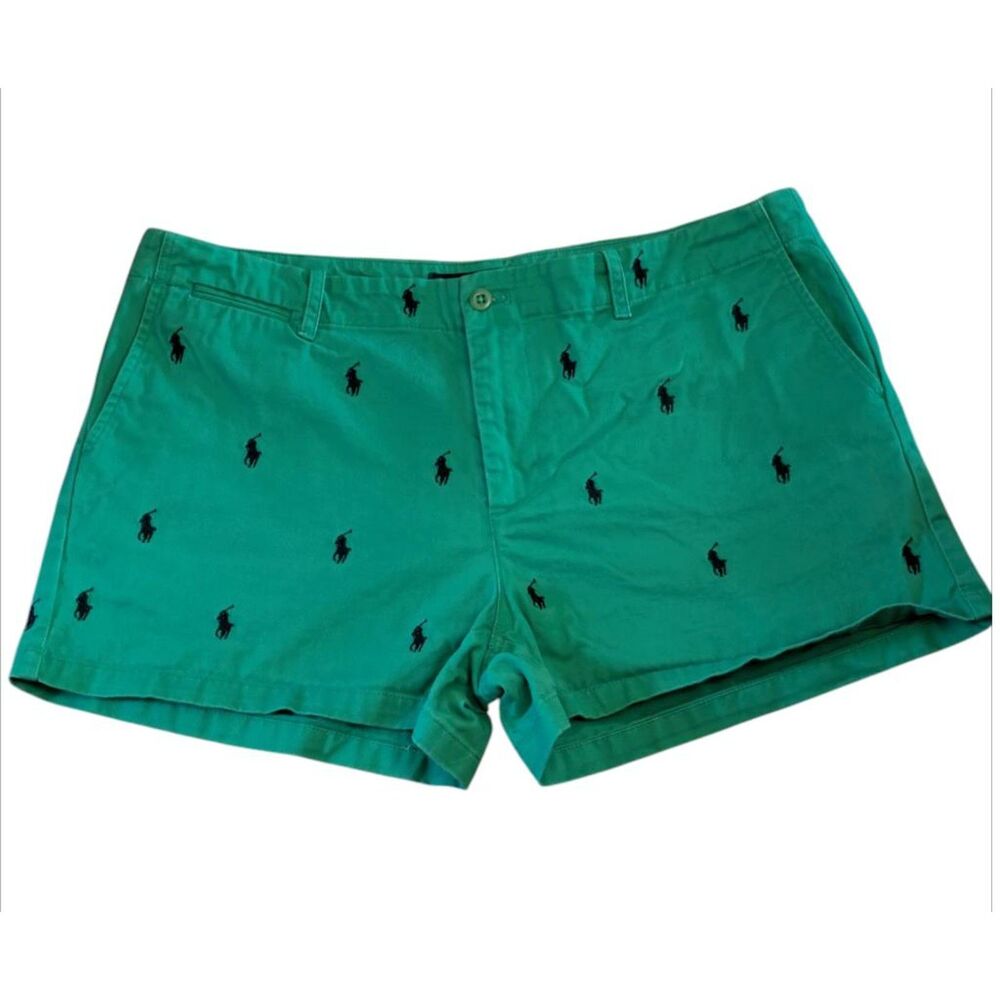 Ralph Lauren Sport Womens 14 Green All Over Embroidered Pony Chino Shorts Mini